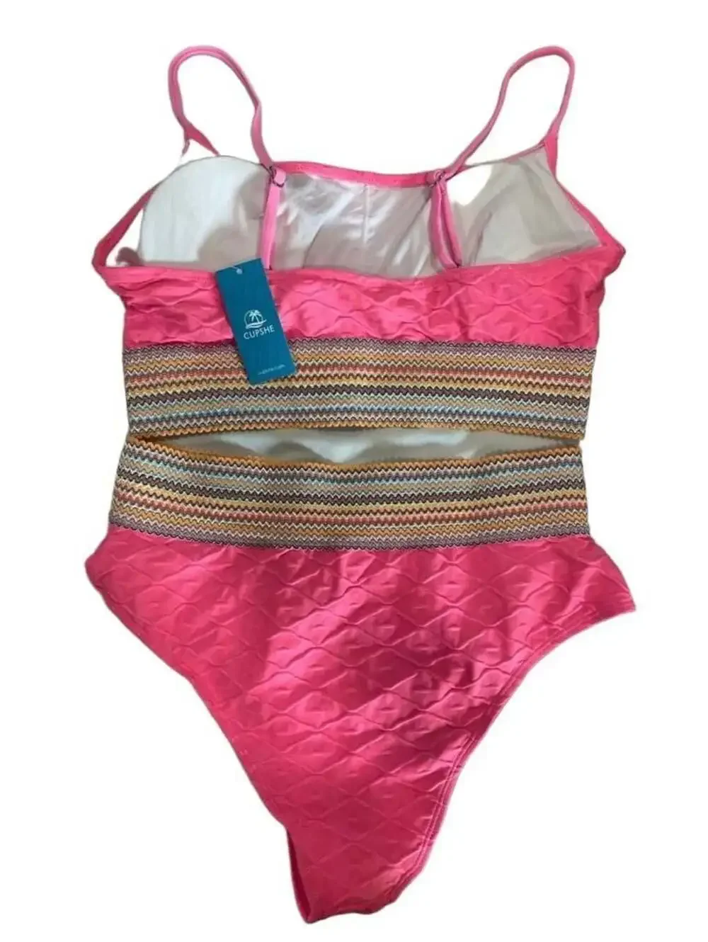 CUPSHE Pink Geo-Stitch Scoop Bralette & High Waist Bikini Set Size L New